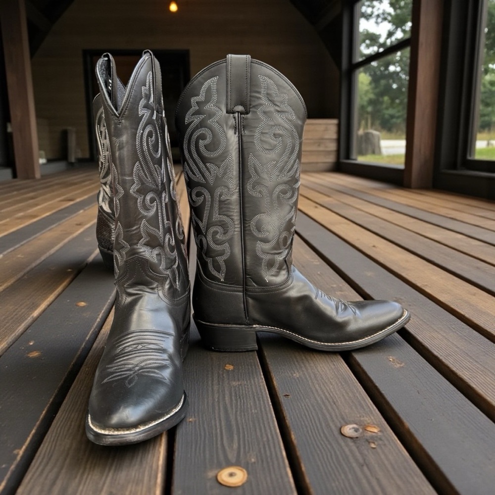 Curated Justin 1409 Buck western Cowboy Boots Men's Size 10D Black Round Toe - Picture 3 of 7